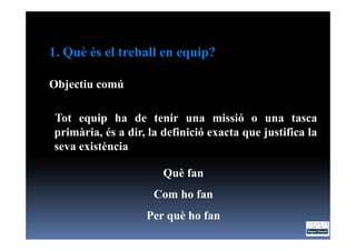 1. Què és el treball en equip?

Objectiu comú

Tot equip ha de tenir una missió o una tasca
primària, és a dir, la definició exacta que justifica la
seva existència

                       Què fan
                     Com ho fan
                   Per què ho fan
 