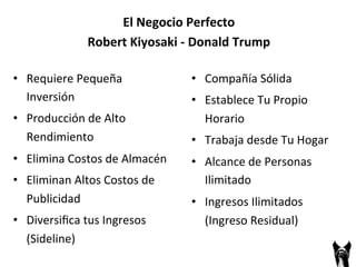 • Requiere 
Robert 
Kiyosaki 
-­‐ 
Donald 
Trump 
Pequeña 
Inversión 
• Producción 
El 
Negocio 
Perfecto 
de 
Alto 
Rendimiento 
• Elimina 
Costos 
de 
Almacén 
• Eliminan 
Altos 
Costos 
de 
Publicidad 
• Diversifica 
tus 
Ingresos 
(Sideline) 
• Compañía 
Sólida 
• Establece 
Tu 
Propio 
Horario 
• Trabaja 
desde 
Tu 
Hogar 
• Alcance 
de 
Personas 
Ilimitado 
• Ingresos 
Ilimitados 
(Ingreso 
Residual) 
 