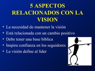 5 ASPECTOS RELACIONADOS CON LA VISION La necesidad de mantener la visión Está relacionada con un cambio positivo  Debe tener una base bíblica  Inspira confianza en los seguidores La visión define al líder 