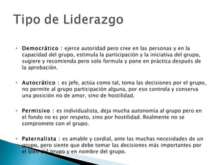 Democrático :  ejerce autoridad pero cree en las personas y en la capacidad del grupo, estimula la participación y la iniciativa del grupo, sugiere y recomienda pero solo formula y pone en práctica después de la aprobación.  Autocrático :  es jefe, actúa como tal, toma las decisiones por el grupo, no permite al grupo participación alguna, por eso controla y conserva una posición no de amor, sino de hostilidad. Permisivo :  es individualista, deja mucha autonomía al grupo pero en el fondo no es por respeto, sino por hostilidad. Realmente no se compromete con el grupo.  Paternalista :  es amable y cordial, ante las muchas necesidades de un grupo, pero siente que debe tomar las decisiones más importantes por el bien del grupo y en nombre del grupo.    