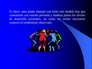 Es decir: para poder manejar con éxito este modelo hay que
comentarlo con nuestro personal y analizar juntos los niveles
de desarrollo existentes, así como los estilos necesarios
respecto al rendimiento observado.
 