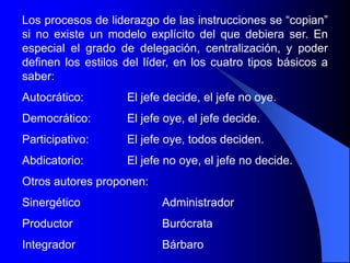 Los procesos de liderazgo de las instrucciones se “copian”
si no existe un modelo explícito del que debiera ser. En
especial el grado de delegación, centralización, y poder
definen los estilos del líder, en los cuatro tipos básicos a
saber:
Autocrático: El jefe decide, el jefe no oye.
Democrático: El jefe oye, el jefe decide.
Participativo: El jefe oye, todos deciden.
Abdicatorio: El jefe no oye, el jefe no decide.
Otros autores proponen:
Sinergético Administrador
Productor Burócrata
Integrador Bárbaro
 