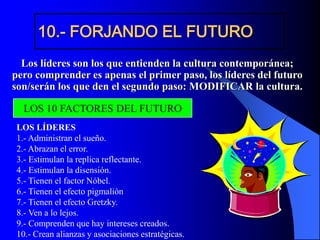 10.- FORJANDO EL FUTURO
Los líderes son los que entienden la cultura contemporánea;
pero comprender es apenas el primer paso, los líderes del futuro
son/serán los que den el segundo paso: MODIFICAR la cultura.
LOS LÍDERES
1.- Administran el sueño.
2.- Abrazan el error.
3.- Estimulan la replica reflectante.
4.- Estimulan la disensión.
5.- Tienen el factor Nóbel.
6.- Tienen el efecto pigmalión
7.- Tienen el efecto Gretzky.
8.- Ven a lo lejos.
9.- Comprenden que hay intereses creados.
10.- Crean alianzas y asociaciones estratégicas.
LOS 10 FACTORES DEL FUTURO
 