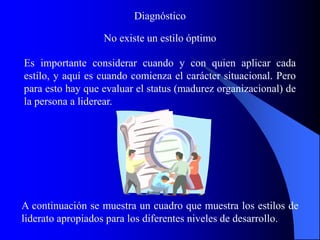No existe un estilo óptimo
Es importante considerar cuando y con quien aplicar cada
estilo, y aquí es cuando comienza el carácter situacional. Pero
para esto hay que evaluar el status (madurez organizacional) de
la persona a liderear.
A continuación se muestra un cuadro que muestra los estilos de
liderato apropiados para los diferentes niveles de desarrollo.
Diagnóstico
 