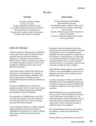 Liderazgo

                                                            Ser Lider

                       Ventajas                                                        Desventajas

               Se mantiene excelentes relaciones                           Se tienen demasiadas responsabilidades.
                 humanas con el grupo.                                           Quita mucho tiempo personal.
      Se esta actualizando en los temas de interés.                  Ser responsable cuando un miembro comete un error.
  Es la cabeza y responsable frente a otros directrices                No es fácil, se tiene que mantener un aprendizaje
       Se da sentido humano a la administración.                                         continuo y rápido.
  Se gana aprecio, gratitud y respeto de las personas.               Se pierde confianza de grupo, cuando el líder tiene un
        La persona líder construye el ser persona                                    fracaso en un proyecto.
                                                                      Se esta a la zozobra del ambiente externo, creando
                                                                                      estres y preocupacion.




Estilos de Liderazgo                                               Conociendo a fondo estos elementos, el líder puede
                                                                   actuar de forma más óptima. Cada individuo en la práctica
El estilo de liderazgo se refiere al patrón de conducta de         va perfeccionando, o en su caso, deteriorando estas
un líder, según como lo perciben los demás. El estilo se           habilidades de acuerdo a su posición y resultados dentro
desarrolla a partir de experiencias, educación y                   de la institución a lo largo del tiempo, y va conformando
capacitación. Es importante que el líder descubra su               su propio estilo de liderazgo. El cual puede oscilar entre
estilo, lo conozca, lo depure y comprenda ya que afectará          los extremos del dejar hacer sin intervenir hasta el de
a los miembros del grupo o seguidores; y será su estilo            controlarlo todo (fig.1) y del orientado a la persona hasta
de liderazgo el estímulo que mueva a cada uno ante                 el orientado al trabajo, las metas o resultados .
diferentes circunstancias.
                                                                   Existen diferentes enfoques respecto a como los líderes
Cuando alguien adopta un papel de líder dentro de una              cumplen con sus responsabilidades en relación con sus
organización, sea por designación o por aceptación, su             seguidores y por ello es necesario distinguir entre los
estilo depende de como maneje sus habilidades, tanto               diferentes tipos de líder.
técnicas, como humanas y conceptuales y será su
responsabilidad el logro de las metas con y mediante sus           Los estilos varían según los deberes que el líder debe
seguidores.                                                        desempeñar solo, las responsabilidades que desee que
                                                                   sus superiores acepten y su compromiso filosófico hacia
En cuanto a la habilidad técnica nos referimos a la                la realización y cumplimiento de las expectativas de sus
capacidad para poder utilizar en su favor o para el grupo,         subalternos
los recursos y relaciones necesarias para desarrollar
tareas específicas y afrontar los problemas.                       Desafortunadamente no hay una respuesta absoluta
                                                                   acerca de cual es el estilo de liderazgo más adecuado, o
El otro elemento es su habilidad humana a través de la             cual es el más eficiente, ya que adoptar una u otra
cual influye en las personas, a partir de la motivación y          manera de liderazgo o posiciones intermedias estará en
de una aplicación efectiva de la conducción del grupo              función del concepto que tenga el dirigente sobre el
para lograr determinados propósitos.                               comportamiento humano en general y del grado de
                                                                   madurez del grupo de sus seguidores.
El tercer elemento corresponde a la habilidad conceptual,
aquella capacidad que se tiene para comprender la                  Otro estilo de liderazgo, es aquel que está orientado a
complejidad de la organización en su conjunto, y entender          los resultados, y de este tipo se desprenden los
donde engrana su influencia personal dentro de la                  siguientes:
organización.
                                                                   Directivo: Informa a sus subordinados lo que espera de

                                                                                                       enero - junio 2005        47
 