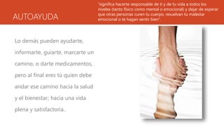 AUTOAYUDA
Lo demás pueden ayudarte,
informarte, guiarte, marcarte un
camino, o darte medicamentos,
pero al final eres tú quien debe
andar ese camino hacia la salud
y el bienestar; hacia una vida
plena y satisfactoria..
“significa hacerte responsable de ti y de tu vida a todos los
niveles (tanto físico como mental o emocional) y dejar de esperar
que otras personas curen tu cuerpo, resuelvan tu malestar
emocional o te hagan sentir bien”.
 