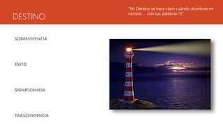 DESTINO
SOBREVIVENCIA
ÉXITO
SIGNIFICANCIA
TRASCENDENCIA
“Mi Destino se hace claro cuándo alumbras mi
camino … con tus palabras !!!”.
 