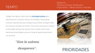 TIEMPO
Trabajar más rápido y más horas son estrategias pobres para
administrarnos a nosotros mismos. Sin embargo, mucha gente
continúa creyendo que esos enfoques les permitirán conseguir todas
las cosas que necesitan ser hechas. No se dan cuenta que no importa
cuánto hagan siempre hay más por hacer y deben tomar duras
decisiones de prioridades y tener el coraje de seguir las decisiones
con acciones.
Añadamos:
Eficiencia, Eficacia. Planificación,
Organización. Hábitos Nuevos. Anticipen.
“Sino lo usámos
desaparece”.
PRIORIDADES
 