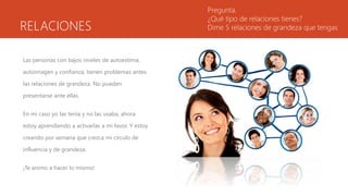 RELACIONES
Las personas con bajos niveles de autoestima,
autoimagen y confianza, tienen problemas antes
las relaciones de grandeza. No pueden
presentarse ante ellas.
En mi caso yo las tenía y no las usaba, ahora
estoy aprendiendo a activarlas a mi favor. Y estoy
creando por semana que crezca mi círculo de
influencia y de grandeza.
¡Te animo a hacer lo mismo!
Pregunta.
¿Qué tipo de relaciones tienes?
Dime 5 relaciones de grandeza que tengas
 