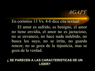 AGAPE En corintios 13 Vs. 4-6 dice cita textual: El amor es sufrido, es benigno, el amor no tiene envidia, el amor no es jactacioso, no se envanece, no hace nada indebido, no busca los suyo, no se irrita, no guarda rencor, no se goza de la injusticia, mas se goza de la verdad. ¿ SE PARECEN A LAS CARACTERISTICAS DE UN LIDER? 