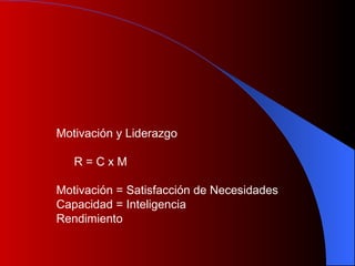 Motivación y Liderazgo R = C x M Motivación = Satisfacción de Necesidades Capacidad = Inteligencia Rendimiento 