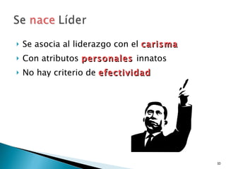 Se asocia al liderazgo con el  carisma Con atributos  personales  innatos No hay criterio de  efectividad 