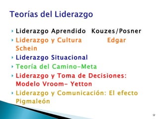 Liderazgo Aprendido  Kouzes/Posner Liderazgo y Cultura   Edgar Schein Liderazgo Situacional Teoría del Camino-Meta Liderazgo y Toma de Decisiones: Modelo Vroom- Yetton Liderazgo y Comunicación: El efecto Pigmaleón 