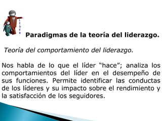 Paradigmas de la teoría del liderazgo. Teoría del comportamiento del liderazgo. Nos habla de lo que el líder “hace”; analiza los comportamientos del líder en el desempeño de sus funciones. Permite identificar las conductas de los líderes y su impacto sobre el rendimiento y la satisfacción de los seguidores. 