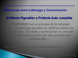 Relaciones entre Liderazgo y Comunicación El Efecto Pigmalión o Profecía Auto cumplida ... Pigmalión  fue un príncipe de la mitología greco- romana que esculpió en marfil la estatua de la mujer ideal.  Tan bella y perfecta fue su creación que la fuerza de su amor por ella, permitió que cobrara vida ... “ La expectativa de un evento puede llevar a causarlo” Merton:  Profecía de Auto-realización 