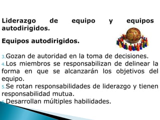 Equipos autodirigidos. Gozan de autoridad en la toma de decisiones. Los miembros se responsabilizan de delinear la forma en que se alcanzarán los objetivos del equipo. Se rotan responsabilidades de liderazgo y tienen responsabilidad mutua. Desarrollan múltiples habilidades. 