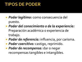    Poder legítimo: como consecuencia del
    puesto.
   Poder del conocimiento o de la experiencia:
    Preparación académica o experiencia de
    trabajo.
   Poder de referencia: influencia, por carisma.
   Poder coercitivo: castigo, reprimido.
   Poder de recompensa: dar o negar
    recompensas tangibles e intangibles.
 