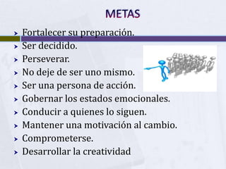    Fortalecer su preparación.
   Ser decidido.
   Perseverar.
   No deje de ser uno mismo.
   Ser una persona de acción.
   Gobernar los estados emocionales.
   Conducir a quienes lo siguen.
   Mantener una motivación al cambio.
   Comprometerse.
   Desarrollar la creatividad
 