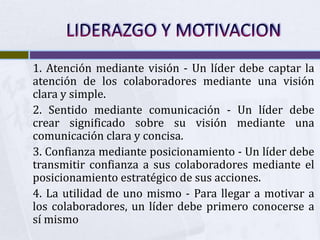 1. Atención mediante visión - Un líder debe captar la
atención de los colaboradores mediante una visión
clara y simple.
2. Sentido mediante comunicación - Un líder debe
crear significado sobre su visión mediante una
comunicación clara y concisa.
3. Confianza mediante posicionamiento - Un líder debe
transmitir confianza a sus colaboradores mediante el
posicionamiento estratégico de sus acciones.
4. La utilidad de uno mismo - Para llegar a motivar a
los colaboradores, un líder debe primero conocerse a
sí mismo
 