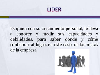Es quien con su crecimiento personal, lo lleva
a conocer y medir sus capacidades y
debilidades, para saber dónde y cómo
contribuir al logro, en este caso, de las metas
de la empresa.
 