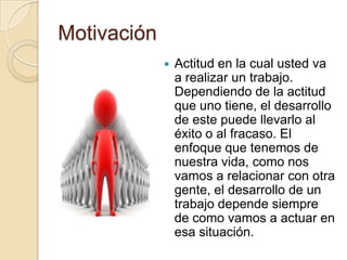 Motivación
                Actitud en la cual usted va
                 a realizar un trabajo.
                 Dependiendo de la actitud
                 que uno tiene, el desarrollo
                 de este puede llevarlo al
                 éxito o al fracaso. El
                 enfoque que tenemos de
                 nuestra vida, como nos
                 vamos a relacionar con otra
                 gente, el desarrollo de un
                 trabajo depende siempre
                 de como vamos a actuar en
                 esa situación.
 