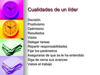 Cualidades de un líder Decisión Positivismo Optimismo Resultados Visión Delegar tareas Repartir responsabilidades Fijar los parámetros Asegurarse de que se le ha entendido Siga de cerca sus avances Valore el trabajo 