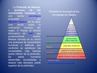 La  Pirámide de Maslow , o  jerarquía de las necesidades humanas , es una teoría  psicológica  propuesta por  Abraham Maslow  en su obra:  Una teoría sobre la motivación humana  (en inglés,  A Theory of Human Motivation ) de  1943 , que posteriormente amplió. Maslow formula en su teoría una jerarquía de necesidades humanas y defiende que conforme se satisfacen las necesidades más básicas (parte inferior de la pirámide), los seres humanos desarrollan necesidades y deseos más elevados (parte superior de la pirámide).  (Fuente de la imagen: http://es.wikipedia.org/wiki/Pirámide_de_Maslow ) Pirámide de Jerarquía de las Necesidades de Maslow 