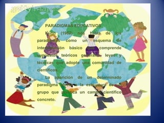 PARADIGMAS EDUCATIVOS Kuhn (1962) nos habla de los paradigmas como un esquema de interpretación básico que comprende supuestos teóricos generales, leyes y técnicas que adopte una comunidad de científicos. La aparición de un determinado paradigma afecta a la estructura de un grupo que practica un campo científico concreto. 