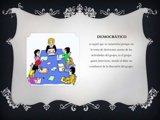 DEMOCRÁTICO
es aquel que se caracteriza porque en
 la toma de decisiones acerca de las
 actividades del grupo, es el grupo
 quien interviene, siendo el líder un
conductor de la discusión del grupo.
 