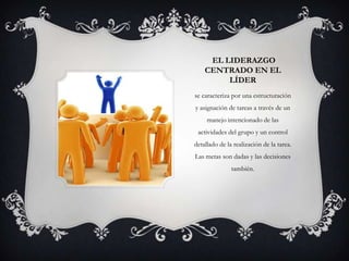 EL LIDERAZGO
    CENTRADO EN EL
         LÍDER
se caracteriza por una estructuración
y asignación de tareas a través de un
     manejo intencionado de las
 actividades del grupo y un control
detallado de la realización de la tarea.
Las metas son dadas y las decisiones
               también.
 
