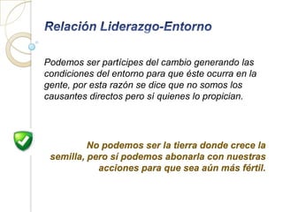 Podemos ser partícipes del cambio generando las
condiciones del entorno para que éste ocurra en la
gente, por esta razón se dice que no somos los
causantes directos pero sí quienes lo propician.




          No podemos ser la tierra donde crece la
 semilla, pero sí podemos abonarla con nuestras
            acciones para que sea aún más fértil.
 