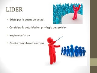 LIDER
• Existe por la buena voluntad.

• Considera la autoridad un privilegio de servicio.

• Inspira confianza.

• Enseña como hacer las cosas.
 
