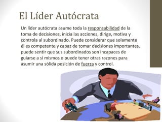 El Líder Autócrata
Un líder autócrata asume toda la responsabilidad de la
toma de decisiones, inicia las acciones, dirige, motiva y
controla al subordinado. Puede considerar que solamente
él es competente y capaz de tomar decisiones importantes,
puede sentir que sus subordinados son incapaces de
guiarse a sí mismos o puede tener otras razones para
asumir una sólida posición de fuerza y control.
 