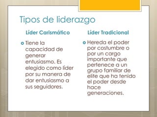 Tipos de liderazgo
 Líder Carismático     Líder Tradicional
 Tienela              Hereda  el poder
 capacidad de          por costumbre o
 generar               por un cargo
 entusiasmo. Es        importante que
                       pertenece a un
 elegido como líder    grupo familiar de
 por su manera de      elite que ha tenido
 dar entusiasmo a      el poder desde
 sus seguidores.       hace
                       generaciones.
 