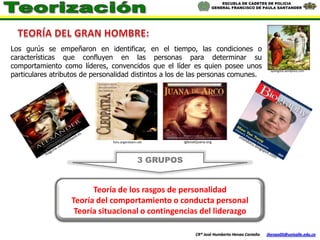 ESCUELA DE CADETES DE POLICIA
                                                                           GENERAL FRANCISCO DE PAULA SANTANDER




Los gurús se empeñaron en identificar, en el tiempo, las condiciones o
características que confluyen en las personas para determinar su
comportamiento como líderes, convencidos que el líder es quien posee unos
particulares atributos de personalidad distintos a los de las personas comunes.
                                                                                                    apologista.wordpress.com




                                foro.argenteam.net        iglesiatijuana.org



                                               3 GRUPOS


                         Teoría de los rasgos de personalidad
                   Teoría del comportamiento o conducta personal
                    Teoría situacional o contingencias del liderazgo

                                                                 CR® José Humberto Henao Castaño   jhenao05@unisalle.edu.co
 