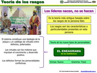 ESCUELA DE CADETES DE POLICIA
                                                               GENERAL FRANCISCO DE PAULA SANTANDER




                                            Los líderes nacen, no se hacen

                                              Es la teoría más antigua basada sobre
                                                   los rasgos de la persona líder.

                                               Los rasgos son las características o
                                               particularidades presentes en esta
                                                             persona

El sistema constituye una tipología de la
 psique y un catálogo de virtudes entre        Teoría de los nueve tipos de personalidad
         defectos, polarizados.

   Las virtudes son los motores que
  impulsan el crecimiento y desarrollo
                                                      EL ENEAGRAMA
                                                          de los babilónicos
                positivo.

Los defectos forman las personalidades
                                               Ennea: Nueve                Gramma: Trazo
              conflictivas.


                                                        CR® José Humberto Henao Castaño   jhenao05@unisalle.edu.co
 