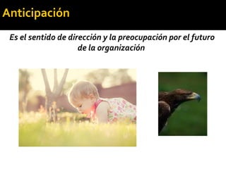 Es el sentido de dirección y la preocupación por el futuro
de la organización
Anticipación
 