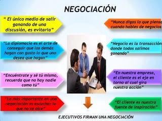NEGOCIACIÓN
EJECUTIVOS FIRMAN UNA NEGOCIACIÓN
“ El único medio de salir
ganando de una
discusión, es evitarla”
“La diplomacia es el arte de
conseguir que los demás
hagan con gusto lo que uno
desea que hagan”
“Encuéntrate y sé tú mismo,
recuerda que no hay nadie
como tú”
“Lo más importante en una
negociación es escuchar lo
que no se dice”
“Nunca digas lo que piensa
cuando hables de negocios”
“Negocio es la transacción
donde todos salimos
ganando”
“En nuestra empresa,
el cliente es el eje en
torno al cual gira
nuestra acción”
“El cliente es nuestra
fuente de inspiración”
 
