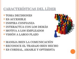 CARACTERÍSTICAS DEL LÍDER
 TOMA DECISIONES
 ES ACCESIBLE
 INSPIRA CONFIANZA
 INTERACTUA CON LOS DEMÁS
 MOTIVA A LOS EMPLEADOS
 VISIÓN A LARGO PLAZO
 MANEJA BIEN LA COMUNICACIÓN
 RECONOCE EL TRABAJO BIEN HECHO
 ES CORDIAL, AMABLE Y OPTIMISTA
 