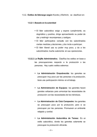 ~ 8 ~
1.5.2. Estilos de liderazgo según Koontz y Weihrich, se clasifican en:
1.5.2.1. Basado en la autoridad
 El líder autocrático exige y espera cumplimiento, es
dogmático y positivo, dirige aprovechando su poder de
dar y restringir recompensas y castigos.
 El líder participativo consulta con los subordinados
ciertas medidas y decisiones, y los incita a participar.
 El líder liberal usa su poder muy poco, y da a los
subordinados mucha autonomía en sus operaciones.
1.5.2.2. La Rejilla Administrativa. Clasifica los estilos en base a
las preocupaciones respecto a la producción o las
personas. Hay cuatro estilos extremos:
 La Administración Empobrecida: los gerentes se
preocupan muy poco por las personas o la producción,
tiene una participación mínima en el trabajo.
 La Administración de Equipos: los gerentes hacen
grandes esfuerzos para armonizar las necesidades de
producción con las necesidades de los individuos.
 La Administración de Club Campestre: los gerentes
se preocupan poco por la producción, pero si se
preocupan por las personas. Promueven un ambiente
relajado y cordial.
 La Administración Autocrática de Tareas: Es un
estilo autocrático, donde los gerentes solamente se
preocupan la producción eficiente.
 