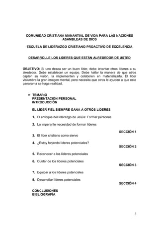 COMUNIDAD CRISTIANA MANANTIAL DE VIDA PARA LAS NACIONES
ASAMBLEAS DE DIOS
ESCUELA DE LIDERAZGO CRISTIANO PROACTIVO DE EXCELENCIA
DESARROLLE LOS LIDERES QUE ESTÁN ALREDEDOR DE USTED
OBJETIVO: Si uno desea ser un buen líder, debe levantar otros líderes a su
alrededor. Debe establecer un equipo. Debe hallar la manera de que otros
capten su visión, la implementen y colaboren en materializarla. El líder
vislumbra la gran imagen mental, pero necesita que otros le ayuden a que este
panorama se haga realidad.
 TEMARIO
PRESENTACIÓN PERSONAL
INTRODUCCIÓN
EL LÍDER FIEL SIEMPRE GANA A OTROS LIDERES
1. El enfoque del liderazgo de Jesús: Formar personas
2. La imperante necesidad de formar líderes
SECCIÓN 1
3. El líder cristiano como siervo
4. ¿Estoy forjando líderes potenciales?
SECCIÓN 2
5. Reconocer a los líderes potenciales
6. Cuidar de los líderes potenciales
SECCIÓN 3
7. Equipar a los líderes potenciales
8. Desarrollar líderes potenciales
SECCIÓN 4
CONCLUSIONES
BIBLIOGRAFÍA
3
 