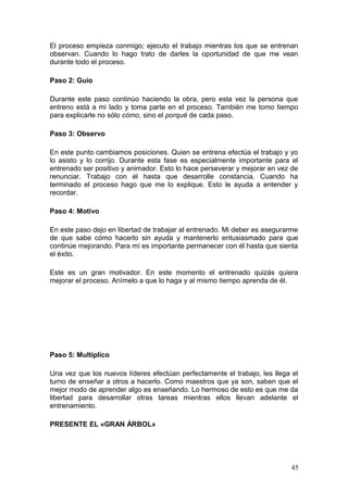 El proceso empieza conmigo; ejecuto el trabajo mientras los que se entrenan
observan. Cuando lo hago trato de darles la oportunidad de que me vean
durante todo el proceso.
Paso 2: Guío
Durante este paso continúo haciendo la obra, pero esta vez la persona que
entreno está a mi lado y toma parte en el proceso. También me tomo tiempo
para explicarle no sólo cómo, sino el porqué de cada paso.
Paso 3: Observo
En este punto cambiamos posiciones. Quien se entrena efectúa el trabajo y yo
lo asisto y lo corrijo. Durante esta fase es especialmente importante para el
entrenado ser positivo y animador. Esto lo hace perseverar y mejorar en vez de
renunciar. Trabajo con él hasta que desarrolle constancia. Cuando ha
terminado el proceso hago que me lo explique. Esto le ayuda a entender y
recordar.
Paso 4: Motivo
En este paso dejo en libertad de trabajar al entrenado. Mi deber es asegurarme
de que sabe cómo hacerlo sin ayuda y mantenerlo entusiasmado para que
continúe mejorando. Para mí es importante permanecer con él hasta que sienta
el éxito.
Este es un gran motivador. En este momento el entrenado quizás quiera
mejorar el proceso. Anímelo a que lo haga y al mismo tiempo aprenda de él.
Paso 5: Multiplico
Una vez que los nuevos líderes efectúan perfectamente el trabajo, les llega el
turno de enseñar a otros a hacerlo. Como maestros que ya son, saben que el
mejor modo de aprender algo es enseñando. Lo hermoso de esto es que me da
libertad para desarrollar otras tareas mientras ellos llevan adelante el
entrenamiento.
PRESENTE EL «GRAN ÁRBOL»
45
 
