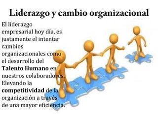 Liderazgo y cambio organizacional

El liderazgo
empresarial hoy día, es
justamente el intentar
cambios
organizacionales como
el desarrollo del
Talento Humano en
nuestros colaboradores.
Elevando la
competitividad de la
organización a través
de una mayor eficiencia.

 