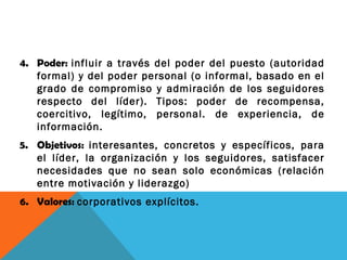 4. Poder: influir a través del poder del puesto (autoridad
formal) y del poder personal (o informal, basado en el
grado de compromiso y admiración de los seguidores
respecto del líder). Tipos: poder de recompensa,
coercitivo, legítimo, personal. de experiencia, de
información.
5. Objetivos: interesantes, concretos y específicos, para
el líder, la organización y los seguidores, satisfacer
necesidades que no sean solo económicas (relación
entre motivación y liderazgo)
6. Valores: corporativos explícitos.

 