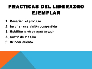 PRACTICAS DEL LIDERAZGO
EJEMPLAR
1. Desafiar el proceso
2. Inspirar una visión compartida
3. Habilitar a otros para actuar
4. Servir de modelo
5. Brindar aliento

 