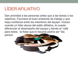 LÍDER AFILIATIVO 
Dan prioridad a las personas antes que a las tareas o los 
objetivos. Favorece el buen ambiente de trabajo y que 
haya confianza entre los miembros del equipo. Incluso 
cuando un líder abusa del estilo afiliativo, le cuesta 
diferenciar el desempeño del equipo y tiende al “café 
para todos. la frase que lo resume podría ser “las 
personas, primero”. 
 