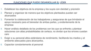 24
FUNCIONESFUNCIONES QUE PUEDE DESARROLLAR EL LÍDER QUE PUEDE
DESARROLLAR EL LÍDER
1. Establecer los objetivos de la empresa y los suyos con claridad y precisión
2. Planear y organizar de manera que los objetivos planteados puedan ser
alcanzados
3. Fomentar la colaboración de los trabajadores y asegurarse de que brindarán el
apoyo necesario para el bienestar de ambas partes, y evidentemente de la
empresa
4. Hacer análisis detallado de los problemas con los que se enfrente y plantear
soluciones con altas probabilidades de certeza, no olvidar que los errores cuestan
caro
5. Exigir a su personal altos estándares de rendimiento, facilitando los medios y el
ambiente adecuados para alcanzarlos.
6. Capacitar constantemente al personal
 