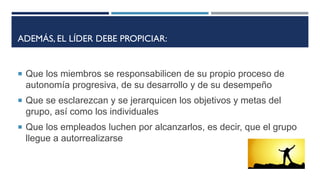 ADEMÁS, EL LÍDER DEBE PROPICIAR:
29
 Que los miembros se responsabilicen de su propio proceso de
autonomía progresiva, de su desarrollo y de su desempeño
 Que se esclarezcan y se jerarquicen los objetivos y metas del
grupo, así como los individuales
 Que los empleados luchen por alcanzarlos, es decir, que el grupo
llegue a autorrealizarse
 