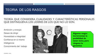 TEORIA DE LOS RASGOS
TEORÍA QUE CONSIDERA CUALIDADES Y CARACTERÍSTICAS PERSONALES
QUE DISTINGUEN A LOS LÍDERES DE LOS QUE NO LO SON.
Ambición y energía
Deseo de dirigir
Honestidad e integridad
Confianza en sí mismo
Inteligencia
Conocimiento del trabajo
(ROBBINS, 2004)
Algunos rasgos
incrementan la
posibilidad de
tener éxito, pero
ninguno lo
garantiza
 
