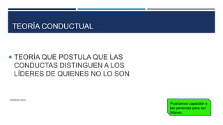 TEORÍA CONDUCTUAL
 TEORÍA QUE POSTULA QUE LAS
CONDUCTAS DISTINGUEN A LOS
LÍDERES DE QUIENES NO LO SON
(ROBBINS,2004)
Podríamos capacitar a
las personas para ser
líderes.
 